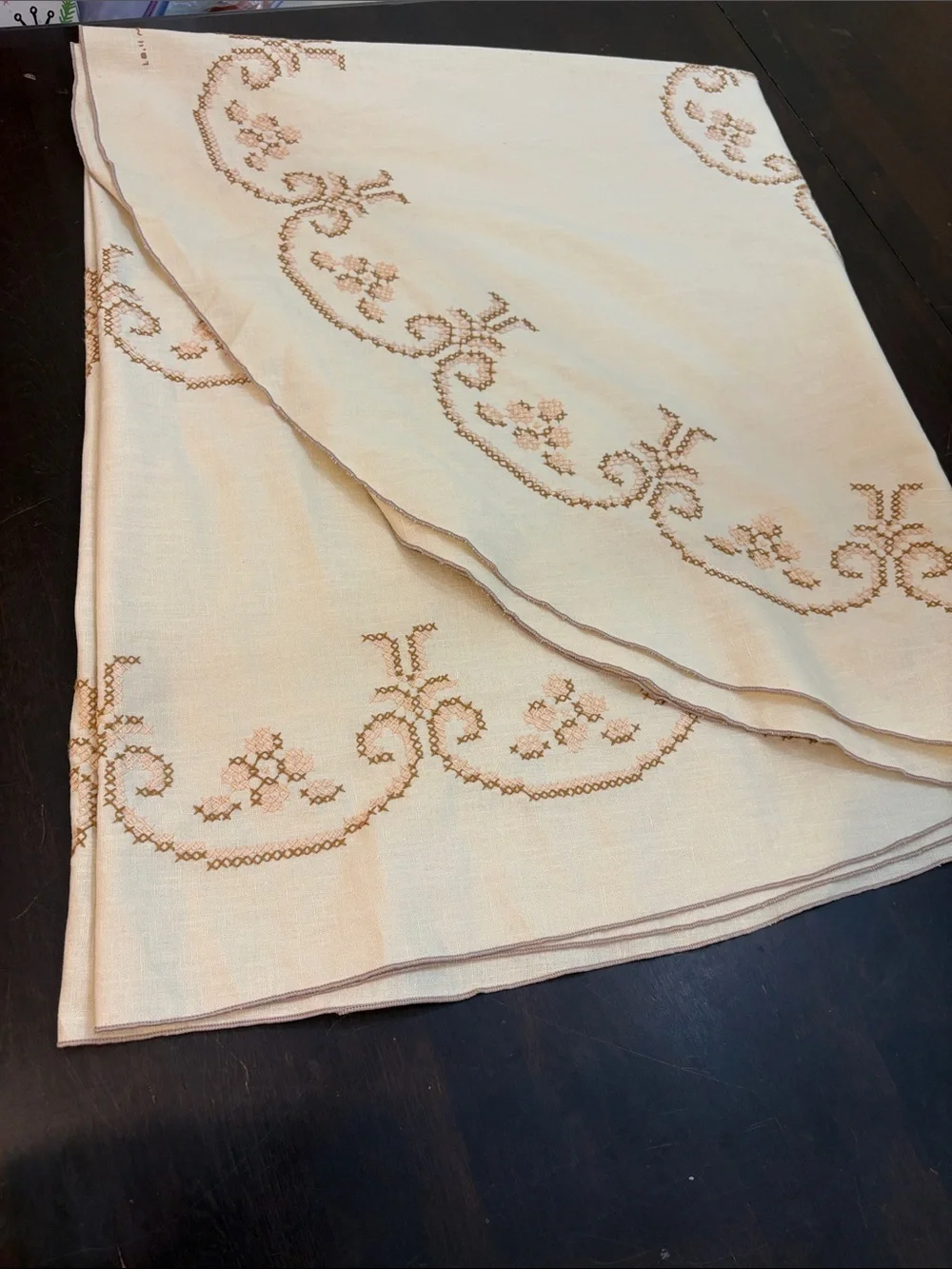 Handmade Oval Cream Cross-stitch Tablecloth with Tan Scrolls